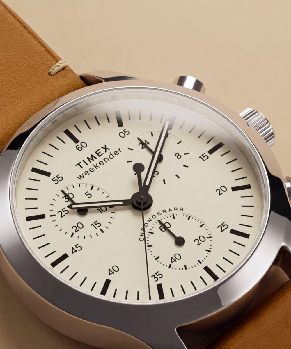 Timex Weekender New England Chronograph Leather Strap Watch Cream Dial