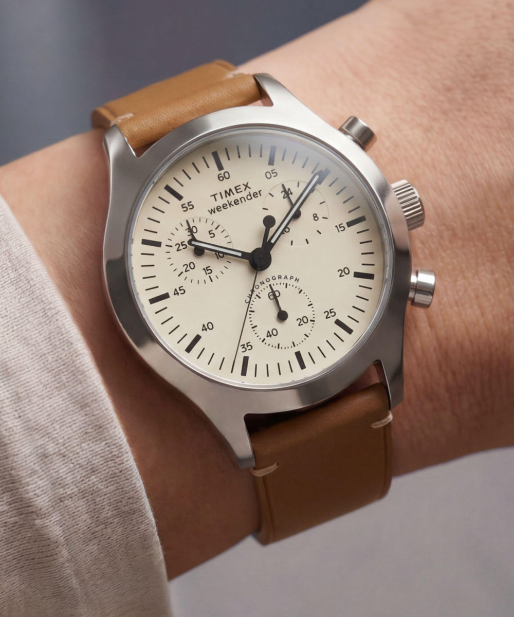 Timex Weekender New England Chronograph Leather Strap Watch Cream Dial