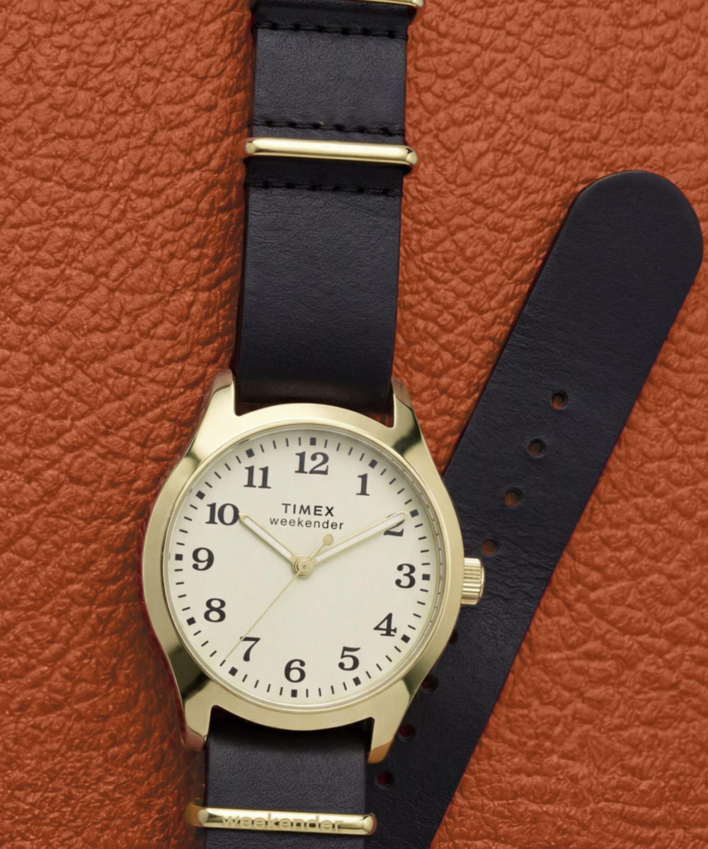 Timex Weekender New England Leather Strap Watch Gold-Tone Black Strap
