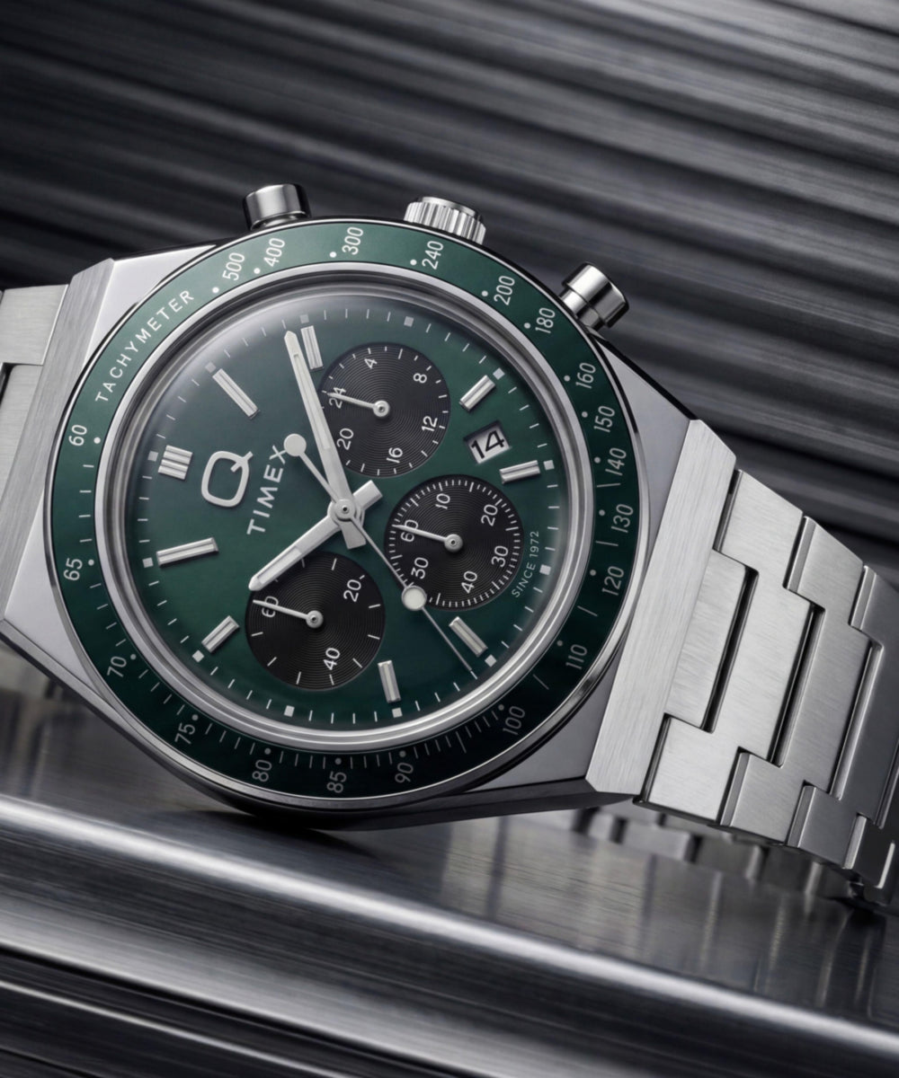 Timex Q Timex Chronograph Stainless Steel Bracelet Watch Green Dial