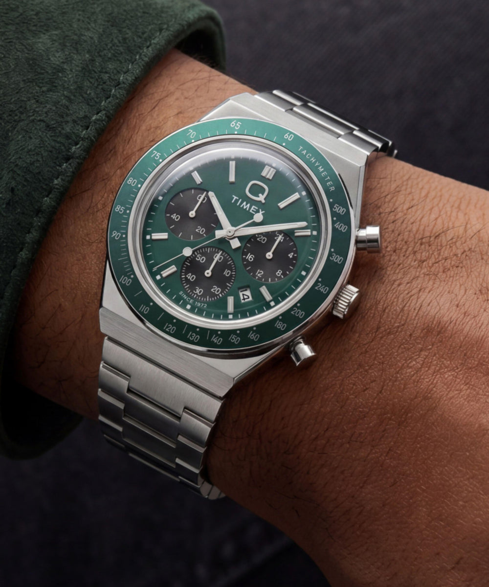 Timex Q Timex Chronograph Stainless Steel Bracelet Watch Green Dial