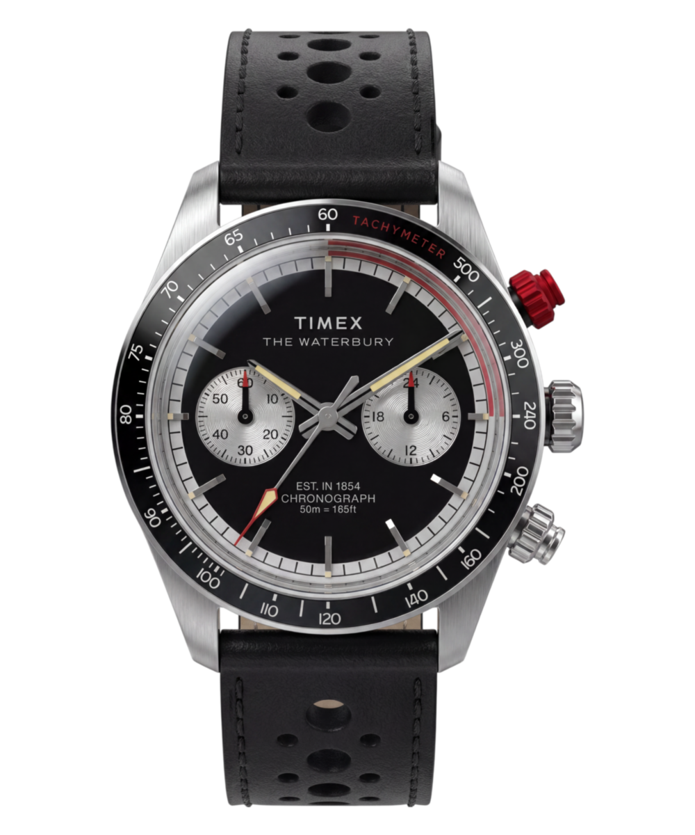 Timex Waterbury Heritage Chronograph Leather Strap Watch Black Strap