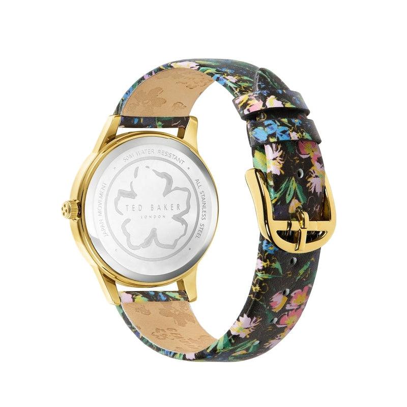 Ted Baker Poppiey Ladies Yellow Gold Tone Black Printed Leather Strap
