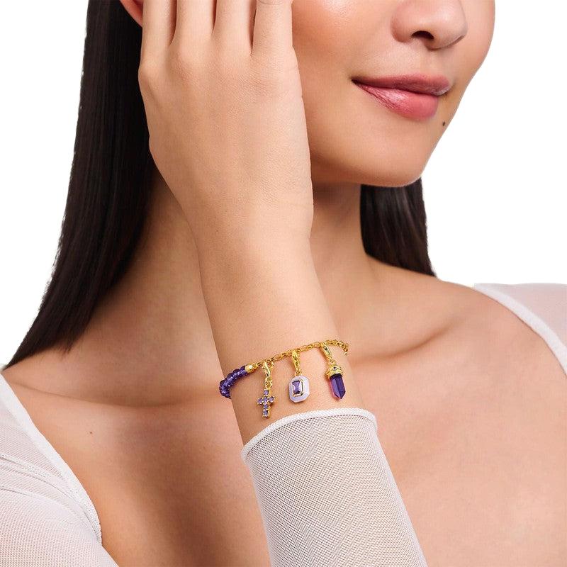Thomas Sabo Charm Pendant - Cross with Amethyst-Coloured Stones Yellow-Gold Plated