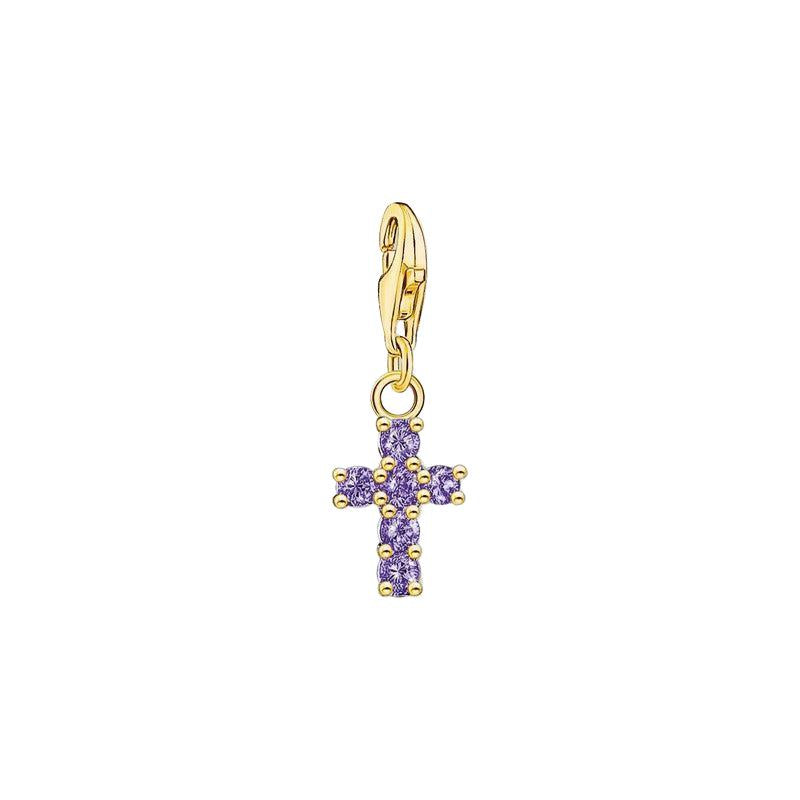 Thomas Sabo Charm Pendant - Cross with Amethyst-Coloured Stones Yellow-Gold Plated