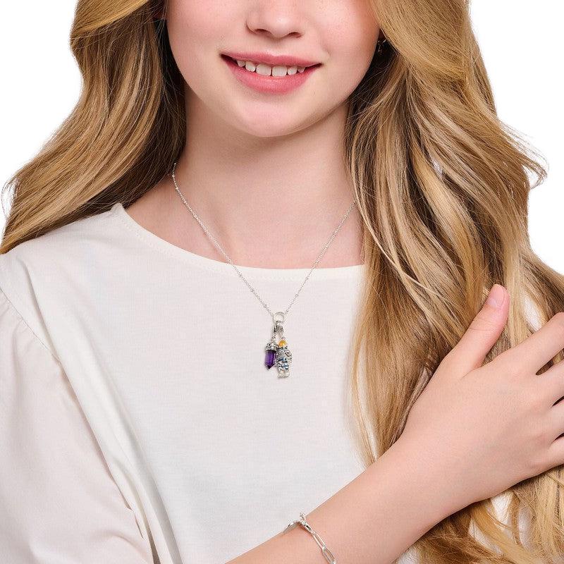 Thomas Sabo Charm Pendant - Hexagon with Imitation Amethyst and Fine Symbols Silver