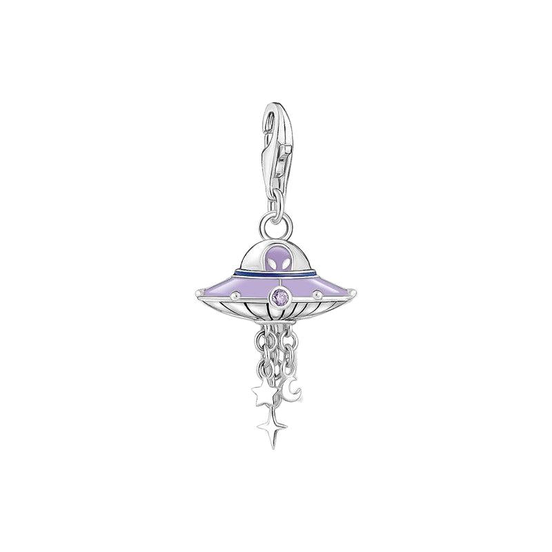 Thomas Sabo Charm Pendant - UFO with Violet cold Enamel and Stones Silver Blackened
