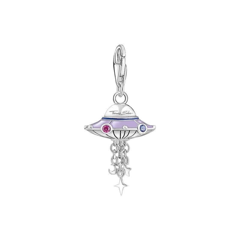 Thomas Sabo Charm Pendant - UFO with Violet cold Enamel and Stones Silver Blackened