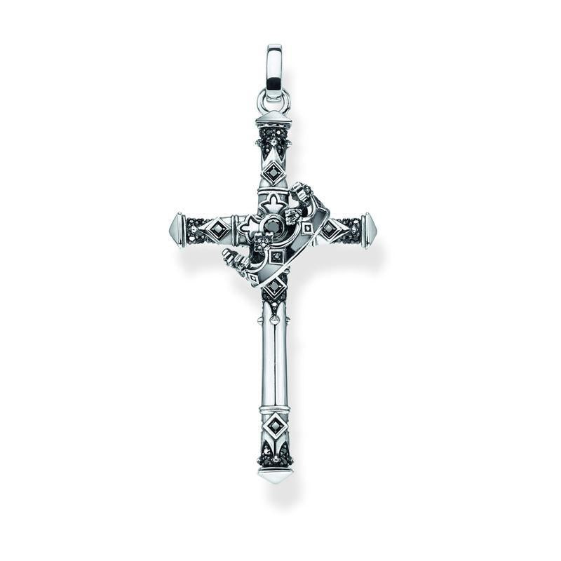 Blackened sterling silver cross pendant featuring a rotating crown and sparkling black zirconia pavé stones.