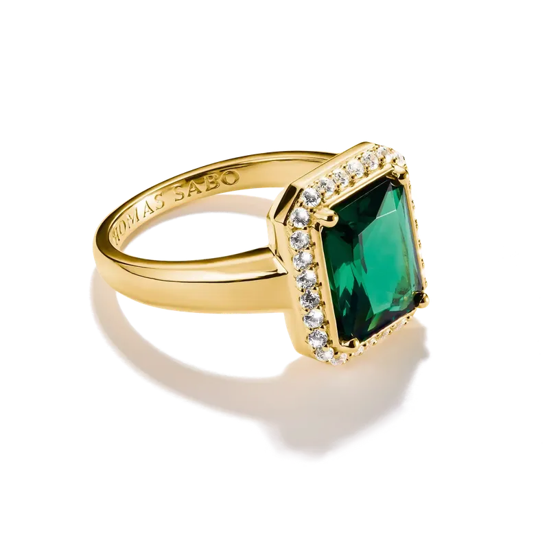 Thomas Sabo Elyndra 18k Gold Plated Ring with Green Octagon Stone