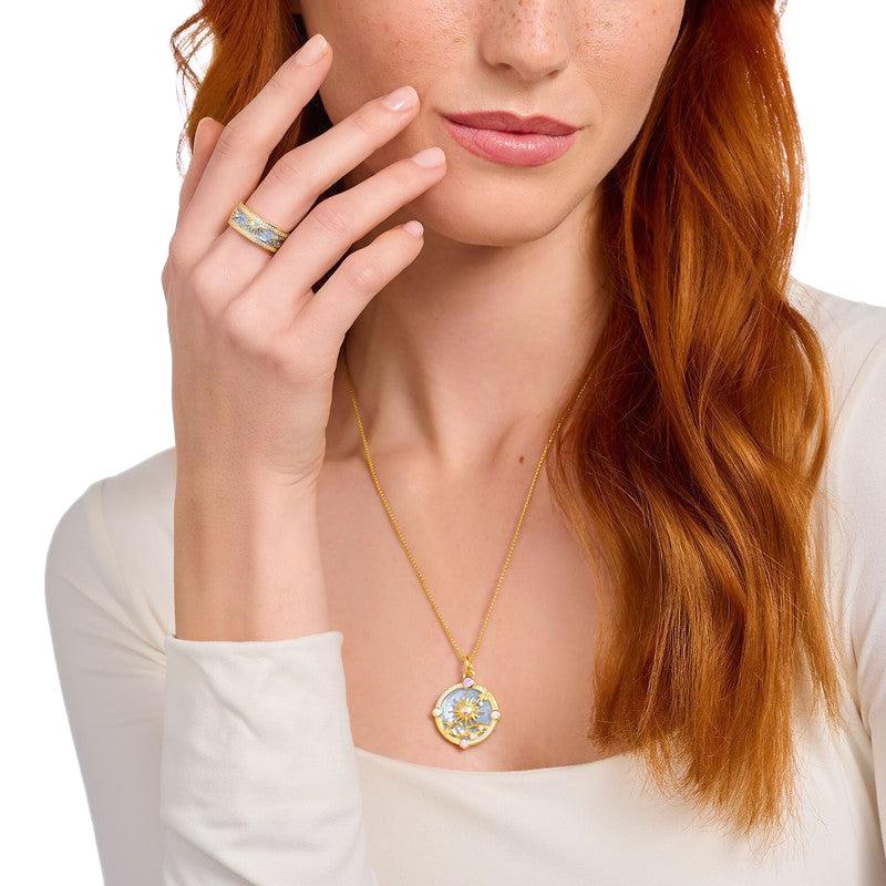 Thomas Sabo Gold-plated Band Ring with Blue Cold Enamel and Cosmic Symbols