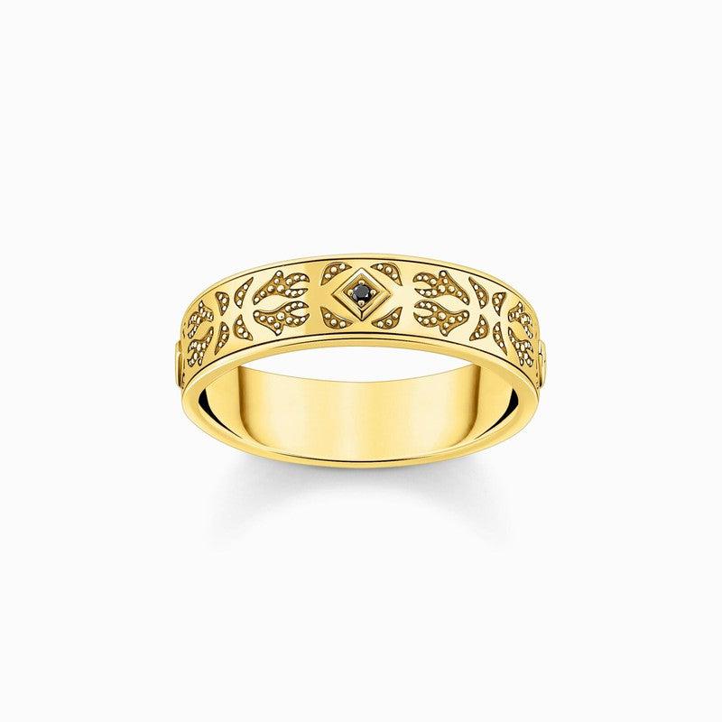 Thomas Sabo Gold-plated Band Ring with Pattern and Black Zirconia