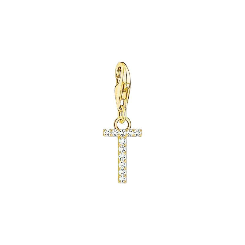 Thomas Sabo Gold-plated Charm Pendant Letter T with White Stones