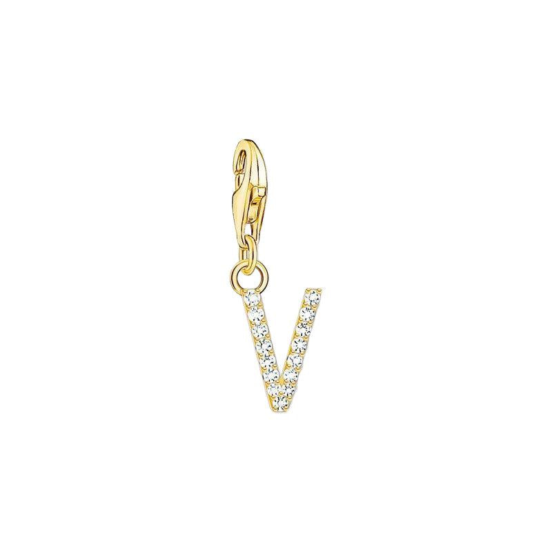 Thomas Sabo Gold-plated Charm Pendant Letter V with White Stones
