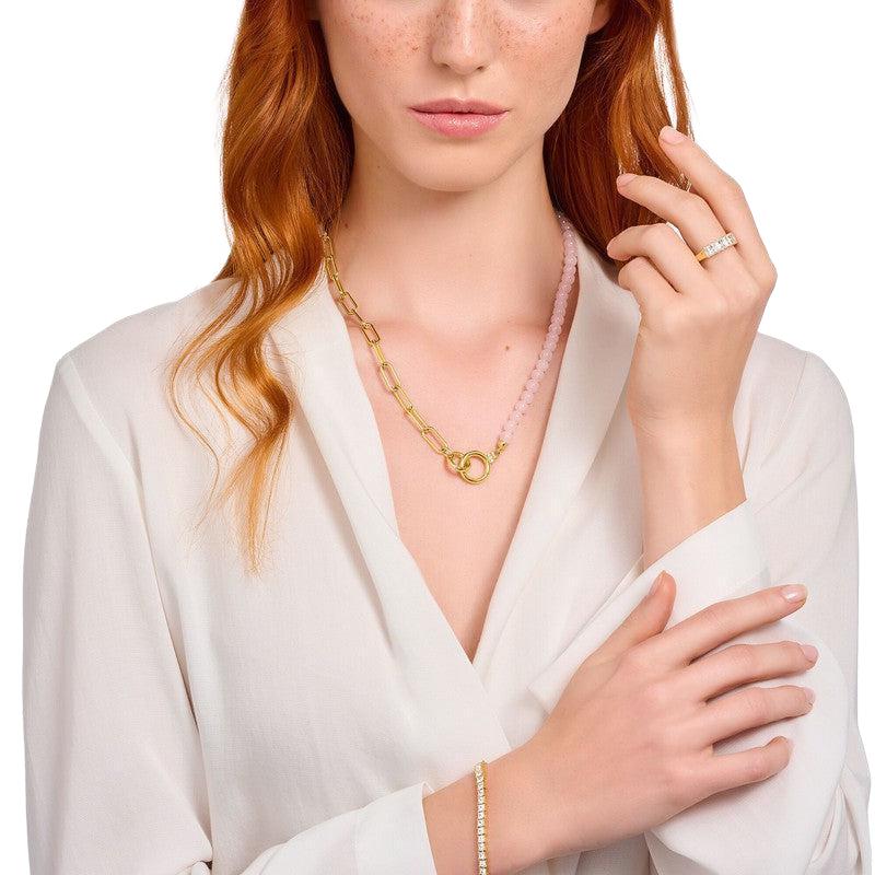 Thomas Sabo Gold-plated Necklace - Link Chain with Rose Quartz Beads