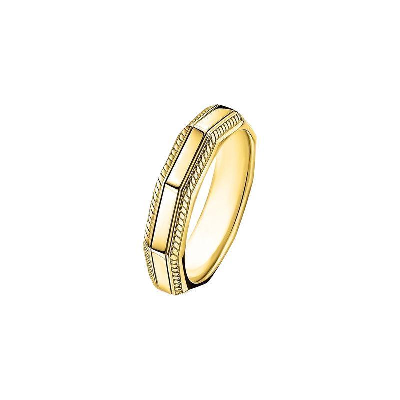 Thomas Sabo angular men's ring in 18k yellow gold-plated sterling silver with detailed cord patterns and a geometric design.