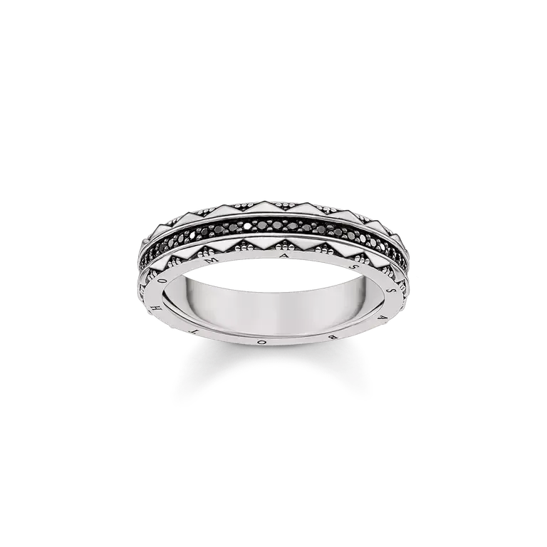 Thomas Sabo blackened sterling silver ring featuring Egyptian-inspired hieroglyphic patterns and black zirconia stones.