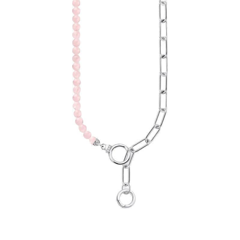 Thomas Sabo necklace featuring recycled silver links and polished rose quartz beads with two stone-studded ring closures.