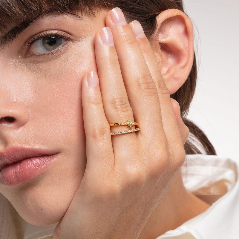 Thomas Sabo 18k gold-plated sterling silver ring with white zirconia stones and a delicate star design.