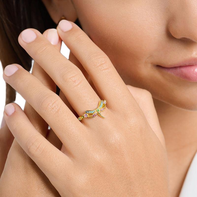 Thomas Sabo Ring - Dragonfly With Coloured Stones - Gold
