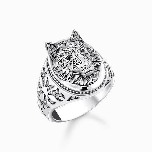 Thomas Sabo Silver Blackend Signet Ring Wolf's Face with Stones