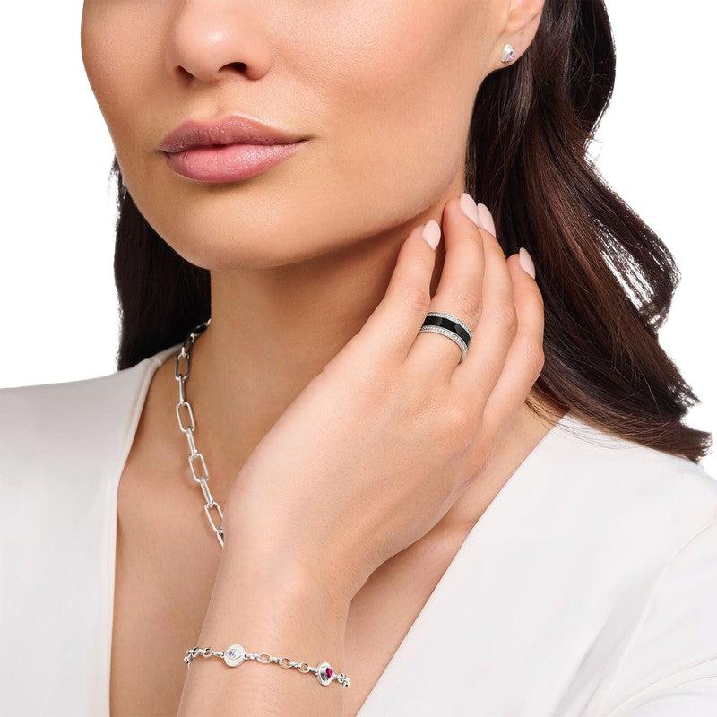 Thomas Sabo Silver Blackened Band Ring with Black cold Enamel and Zirconia