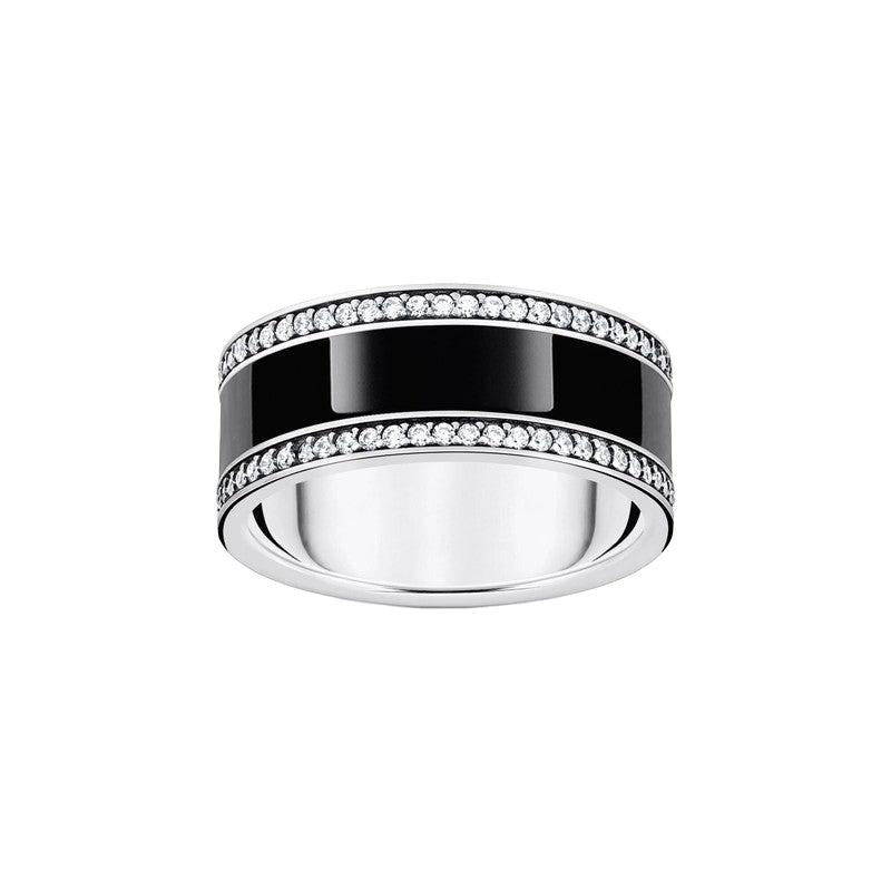 Thomas Sabo Silver Blackened Band Ring with Black cold Enamel and Zirconia