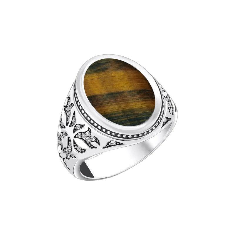 Thomas Sabo Silver Blackened Signet Ring with Gold Blue Tiger's Eye