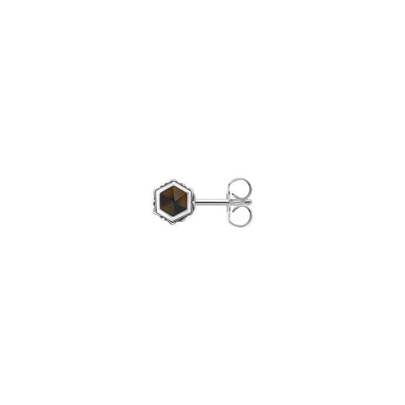 Thomas Sabo single ear stud in blackened silver with a hexagonal gold blue tiger's eye crystal and engraved setting.