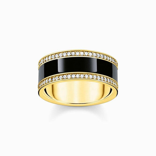 Thomas Sabo Yellow-Gold plated Band Ring with Black cold Enamel and Zirconia