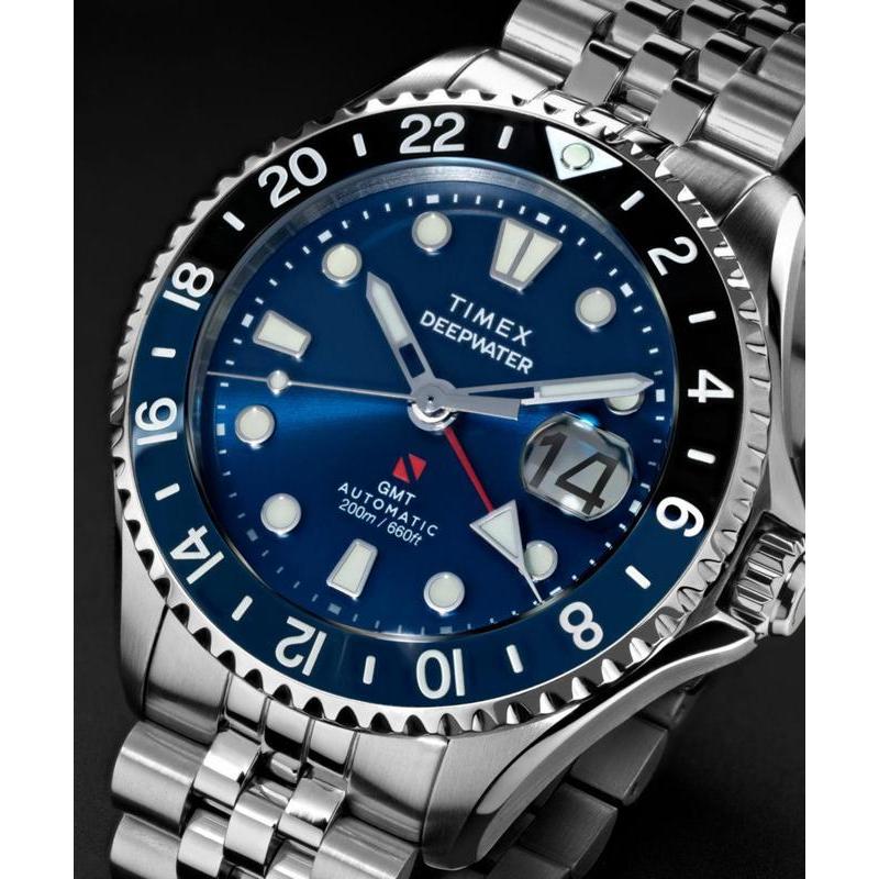 Timex Deepwater Meridian 200 Automatic GMT Stainless Steel Bracelet Watch Blue Dial