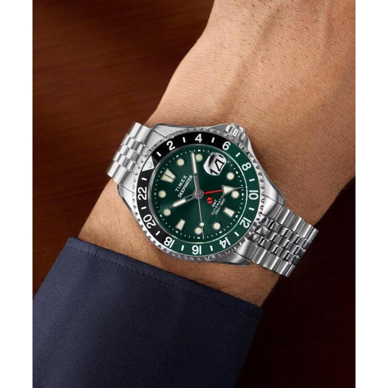Timex Deepwater Meridian 200 Automatic GMT Stainless Steel Bracelet Watch Green Dial