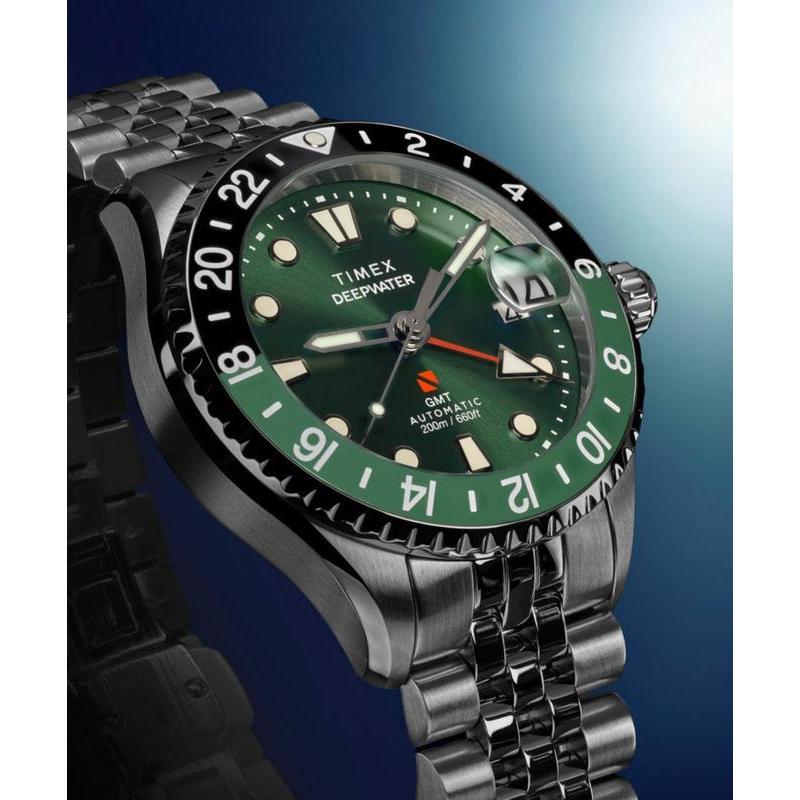 Timex Deepwater Meridian 200 Automatic GMT Stainless Steel Bracelet Watch Green Dial