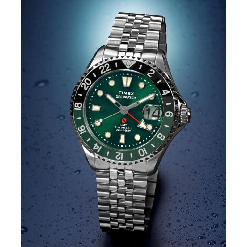 Timex Deepwater Meridian 200 Automatic GMT Stainless Steel Bracelet Watch Green Dial