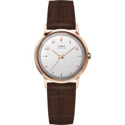 Timex Marlin 34mm Small Quartz Watch Vintage-Inspired Design Rose Gold Silver Dial