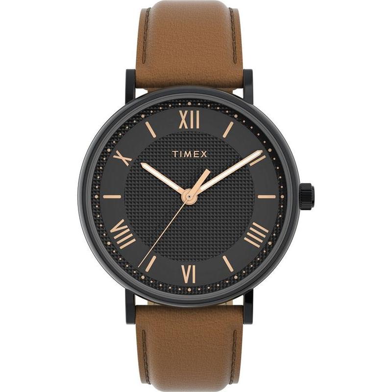 Timex Men's Classic Analog Watch Brown Leather Strap Black Dial