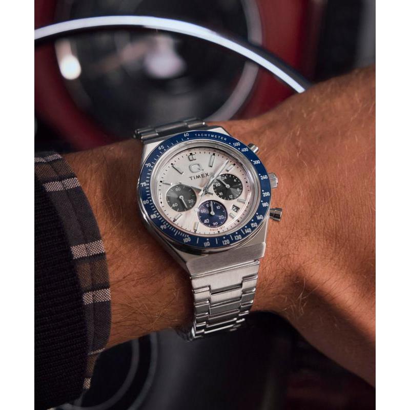 Timex Q Chronograph Stainless Steel Bracelet Watch Retro Racing