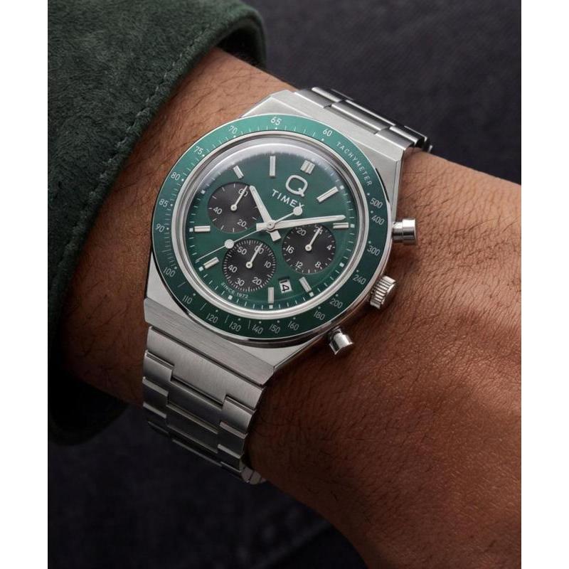 Timex Q Timex Chronograph Stainless Steel Bracelet Watch Green Dial