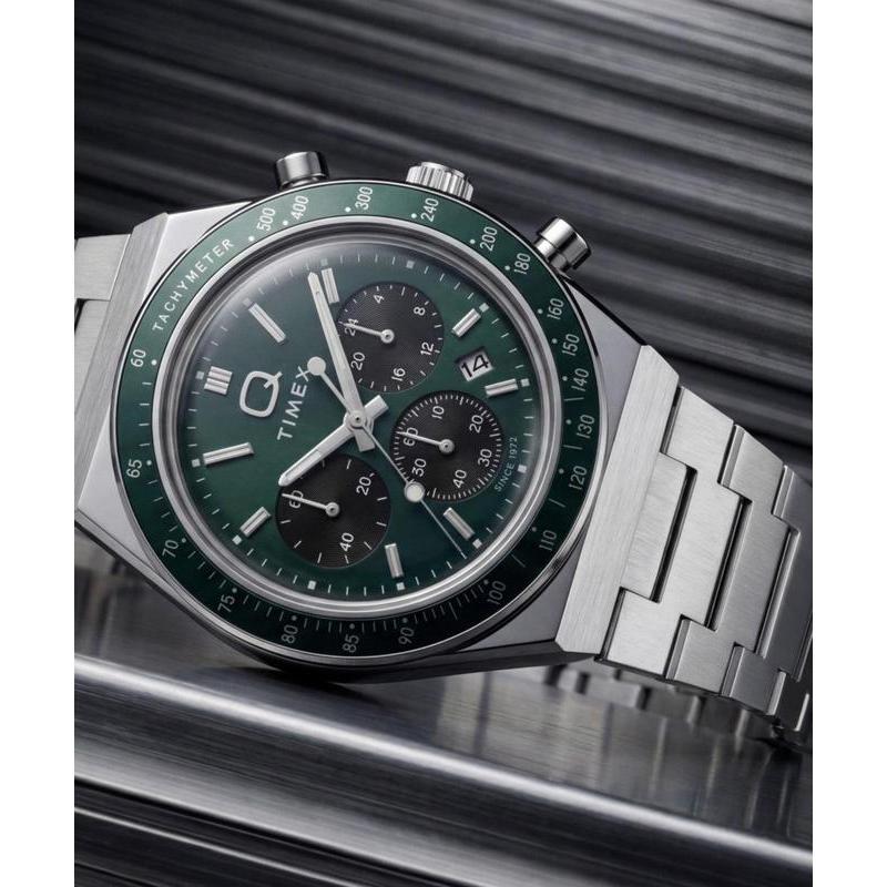 Timex Q Timex Chronograph Stainless Steel Bracelet Watch Green Dial