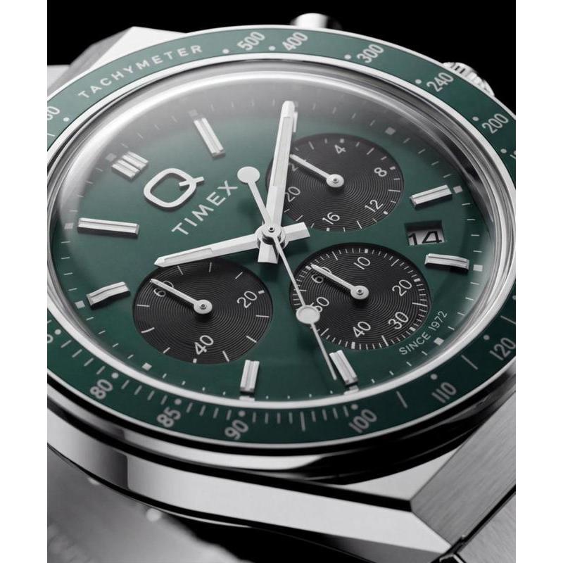 Timex Q Timex Chronograph Stainless Steel Bracelet Watch Green Dial