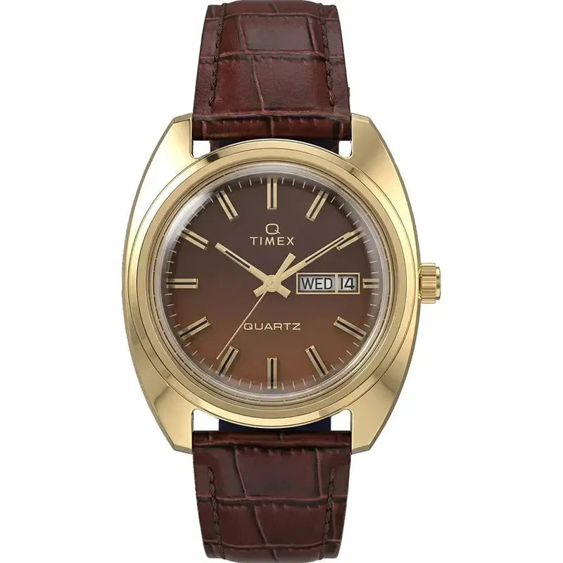 Timex Q Timex Day-Date Leather Strap Brown Dial Watch