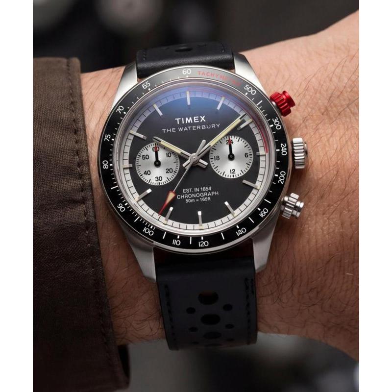 Timex Waterbury Heritage Chronograph Leather Strap Watch Black Strap