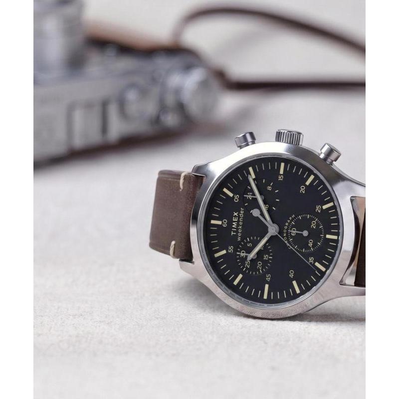 Timex Weekender New England Chronograph Leather Strap Watch Black Dial
