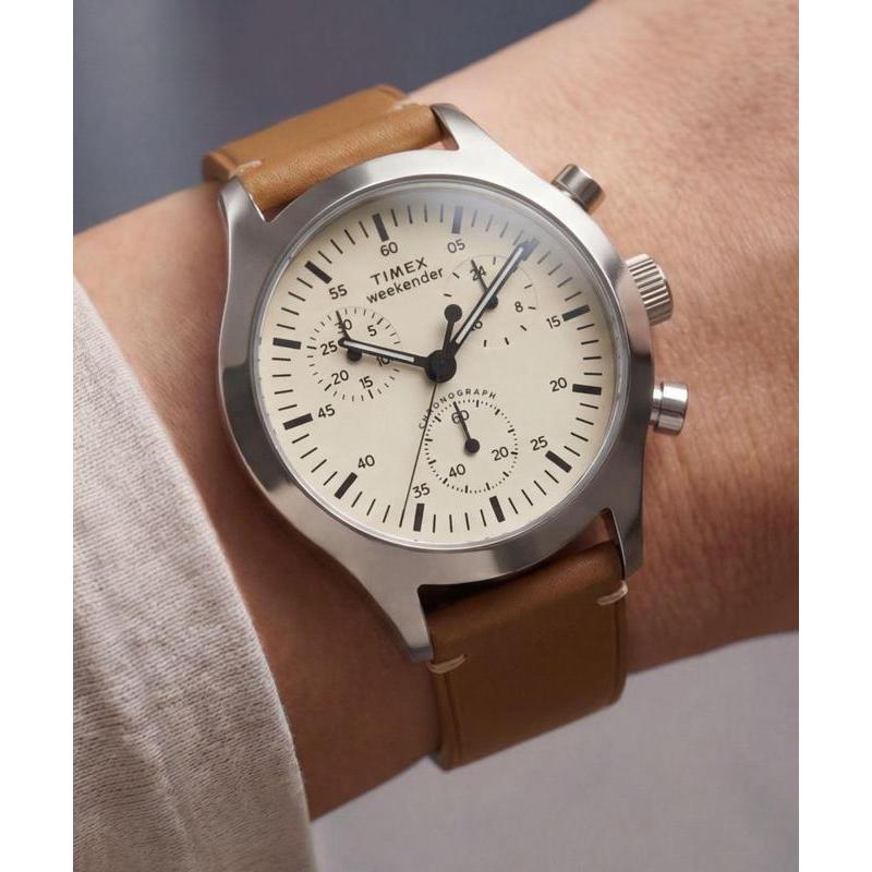 Timex Weekender New England Chronograph Leather Strap Watch Cream Dial