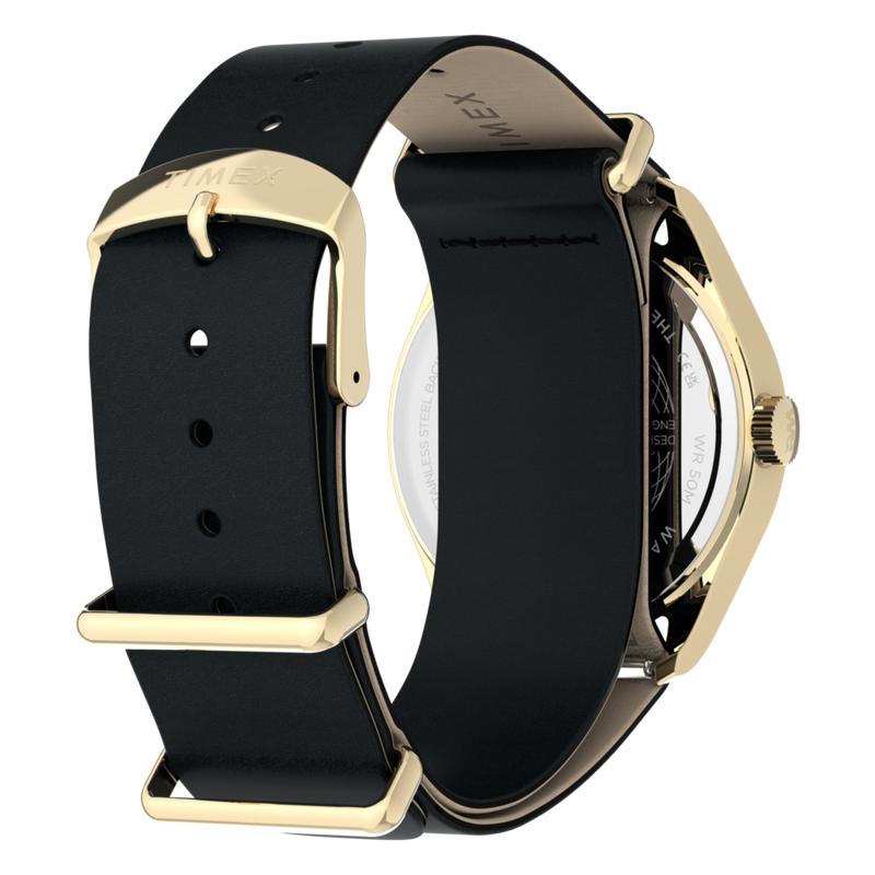 Timex Weekender New England Leather Strap Watch Gold-Tone Black Strap