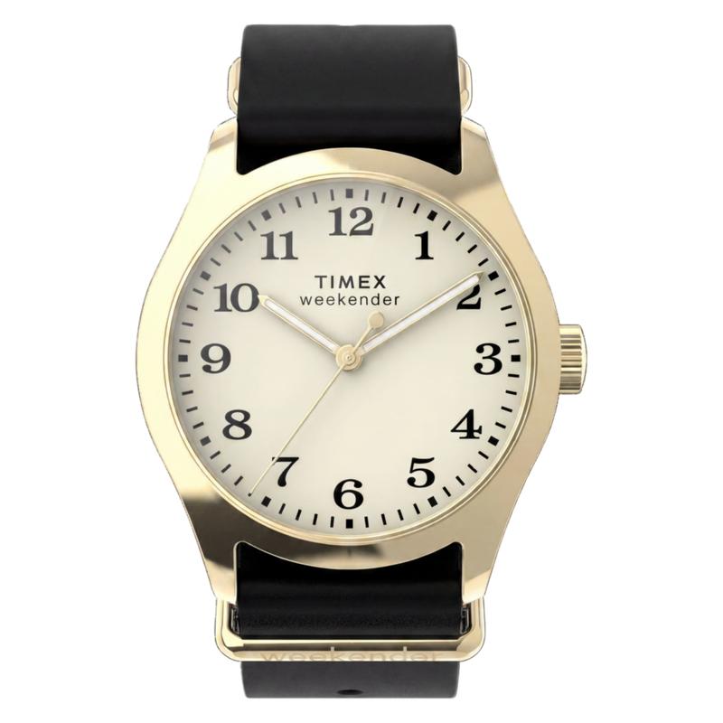 Timex Weekender New England Leather Strap Watch Gold-Tone Black Strap