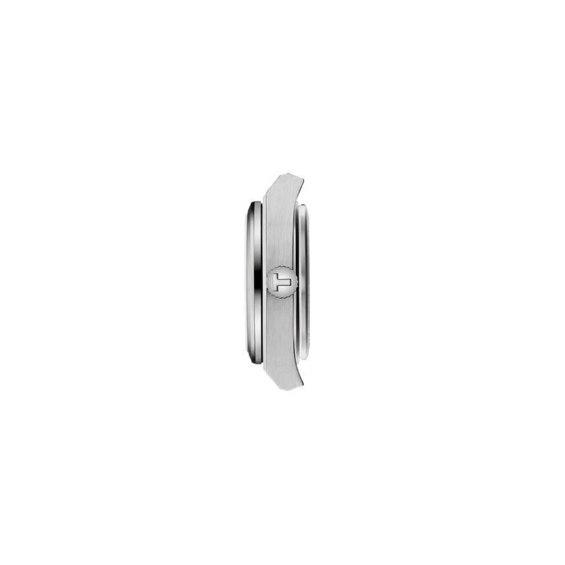 Side profile of the 25mm Tissot PRX stainless steel watch featuring a sleek tonneau case and signature T-logo crown.