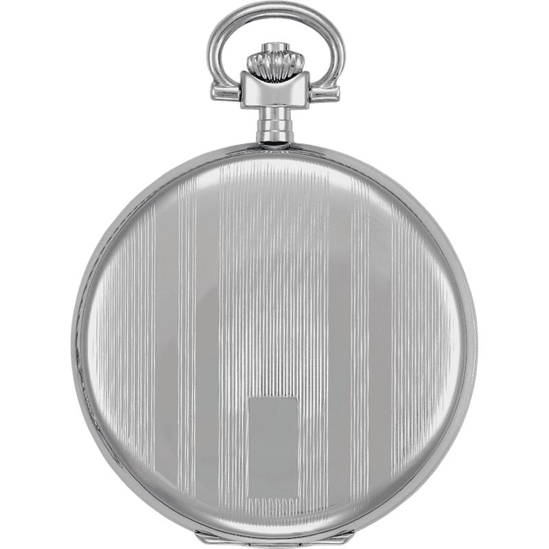 Tissot Savonnette pocket watch in polished stainless steel with a classic striped finish and elegant round case.