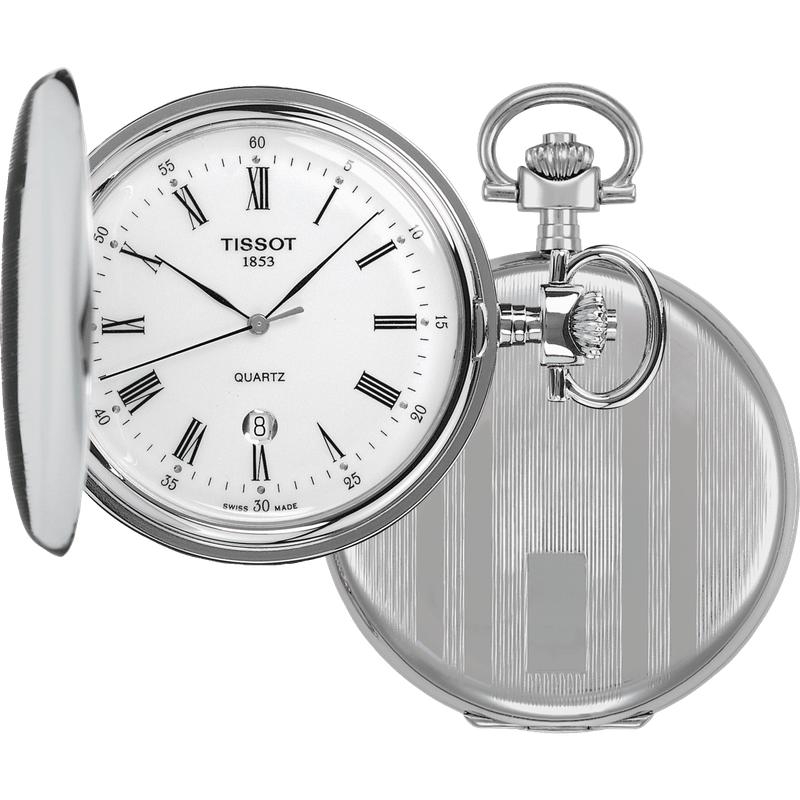 Tissot Savonnette 48.5mm stainless steel pocket watch with a white dial, Roman numerals, and a polished striped case back.
