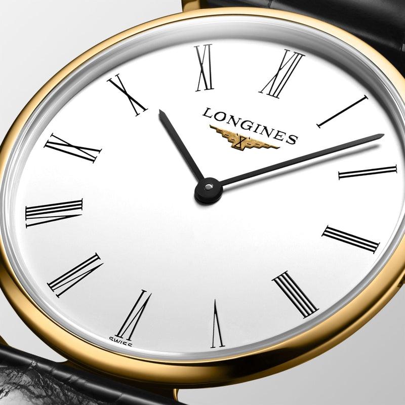 Longines La Grande Classique watch with a 29mm yellow PVD case, white dial, black Roman numerals, and elegant black leather strap.